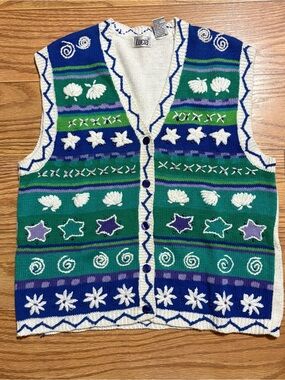 Vtg Lucia Sweater Vest Womens Small Cottage core Grannycore Beach Vibe Blue